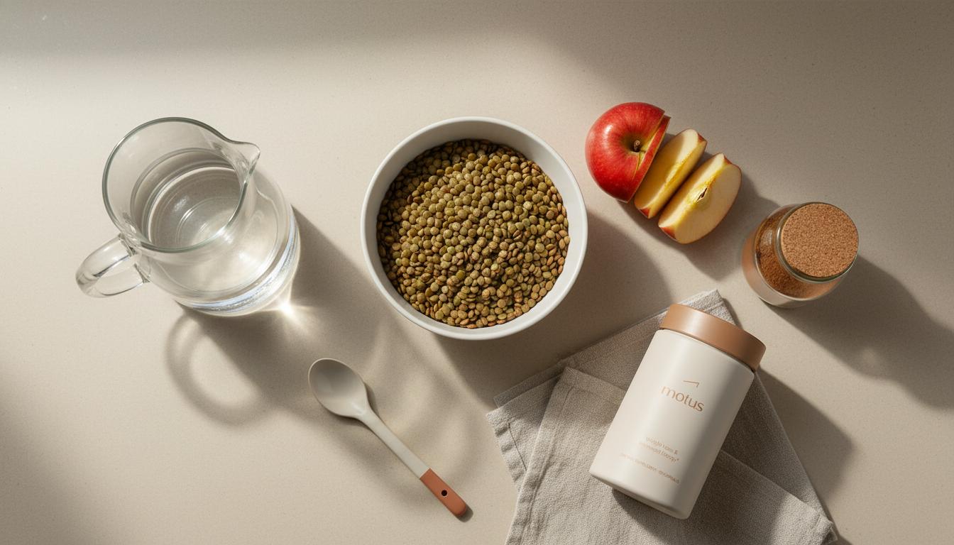 Flat-lay of low‑GI foods (lentils, sliced apple, cinnamon jar, glass carafe) on a pale beige background with a Tonum product at the edge — What lowers blood sugar naturally quickly?
