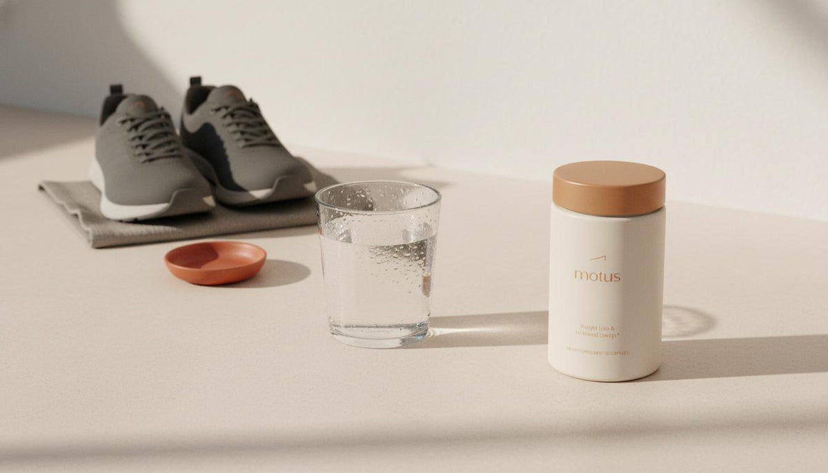 Minimal kitchen tabletop with a glass of water, walking shoes, and a Tonum Motus supplement jar, illustrating simple steps for what lowers blood sugar the fastest.