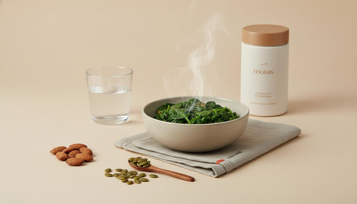 Minimal still-life of magnesium-rich foods (almonds, pumpkin seeds, cooked leafy greens) with a subtle Tonum supplement jar in background — what mineral stabilizes blood sugar levels