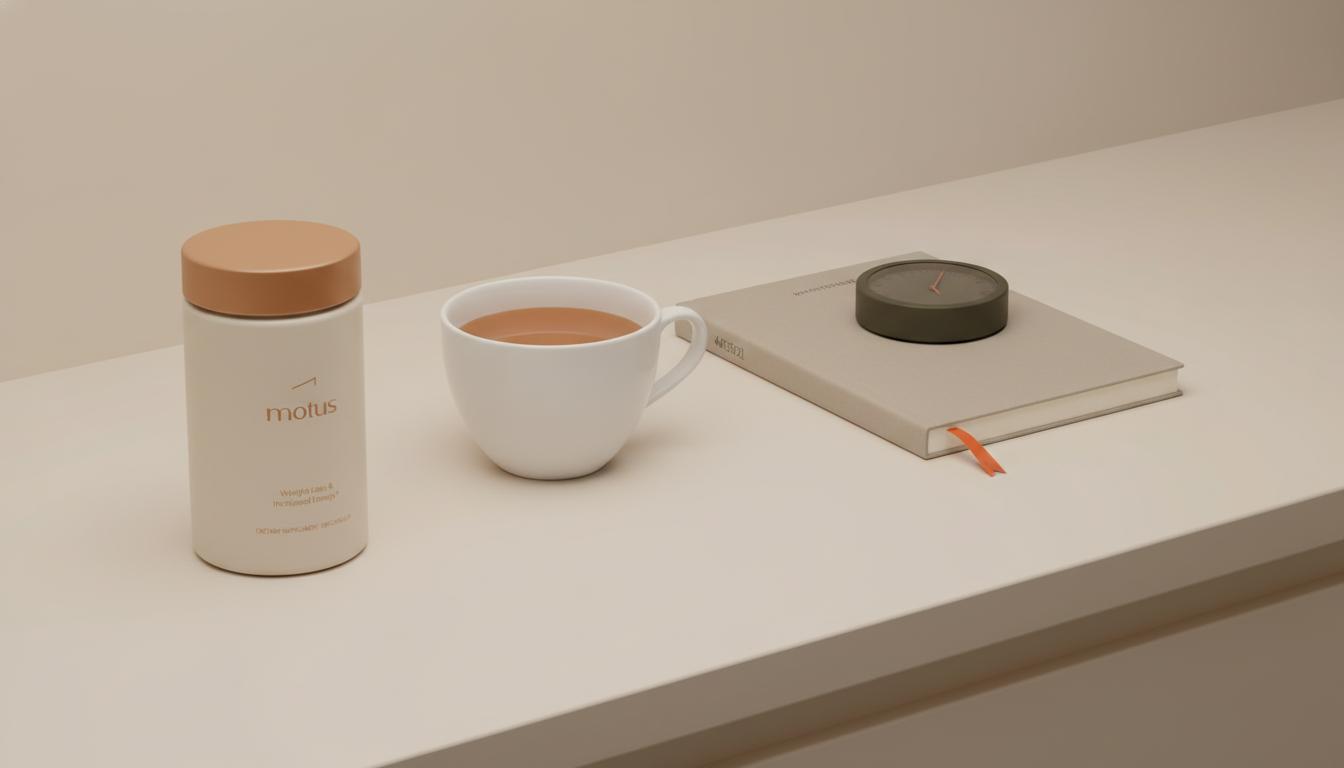 Minimalist clinical still life with Tonum product jar, tea cup, notebook and timer on a lab countertop illustrating what nootropic is most like Adderall