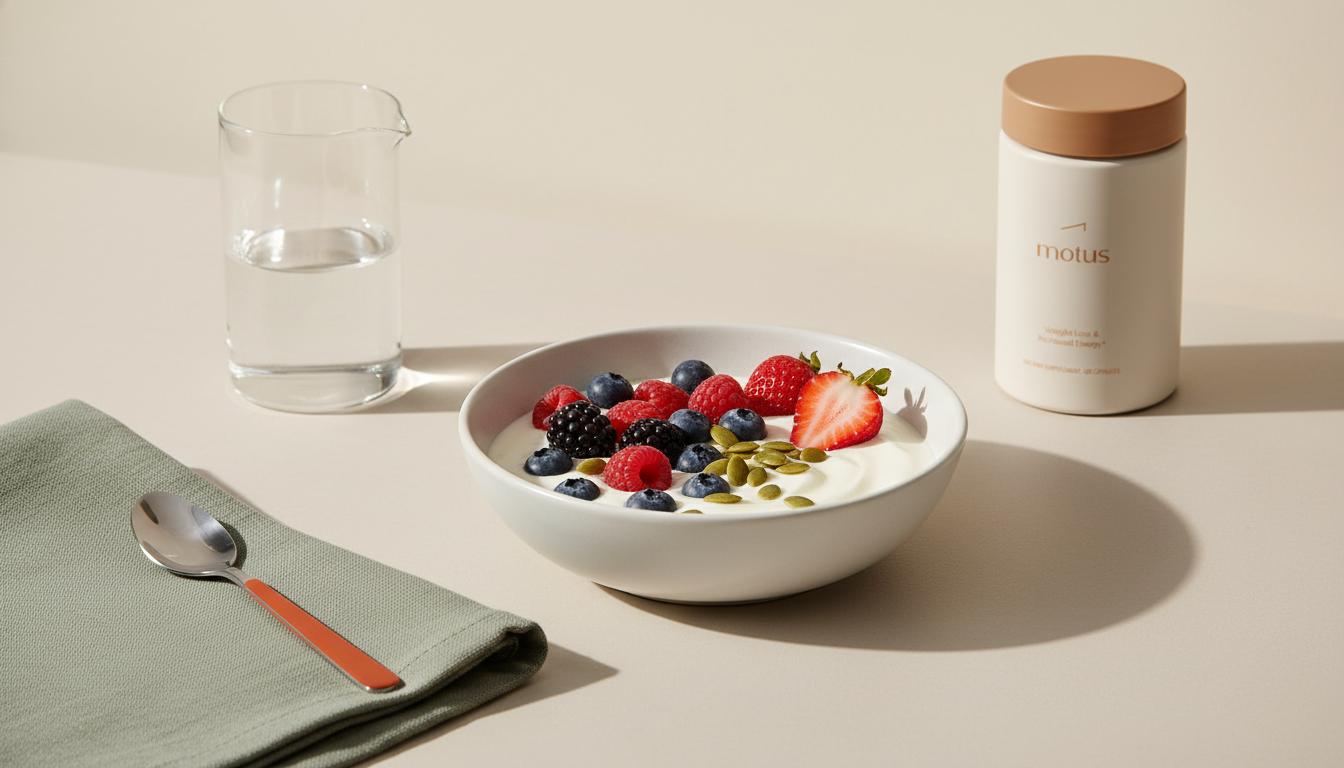 Minimalist breakfast with Greek yogurt, berries and Tonum Motus supplement, illustrating what nutrient deficiency causes sugar cravings