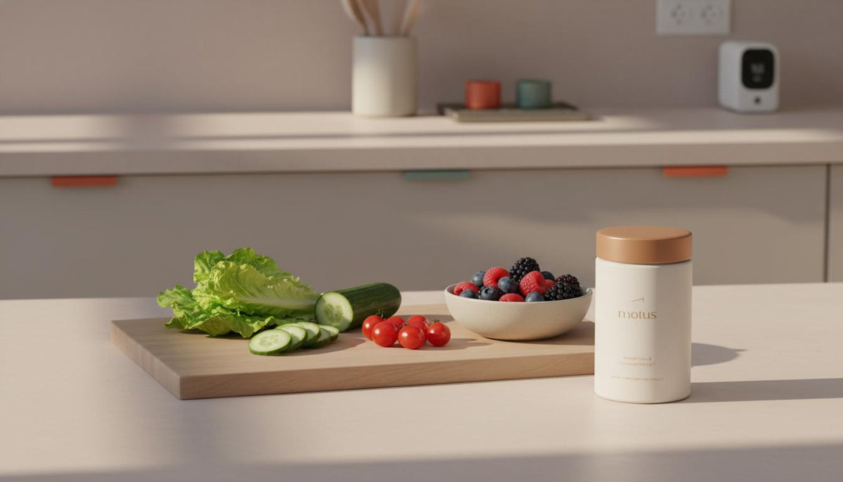 Minimalist kitchen counter with cutting board, bowl of vegetables and berries and Tonum Motus supplement container at edge; healthy metabolic lifestyle scene — what percentage of fatty liver turns to cirrhosis