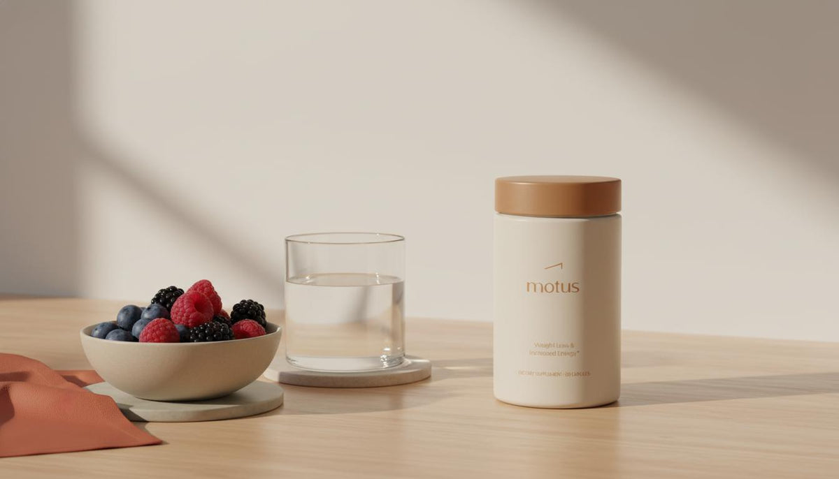 Minimalist still-life of a Tonum Motus container with a bowl of high-fiber berries and a glass of water on a light wooden counter, suggesting research-backed appetite control — what pills can I take to curb my appetite?