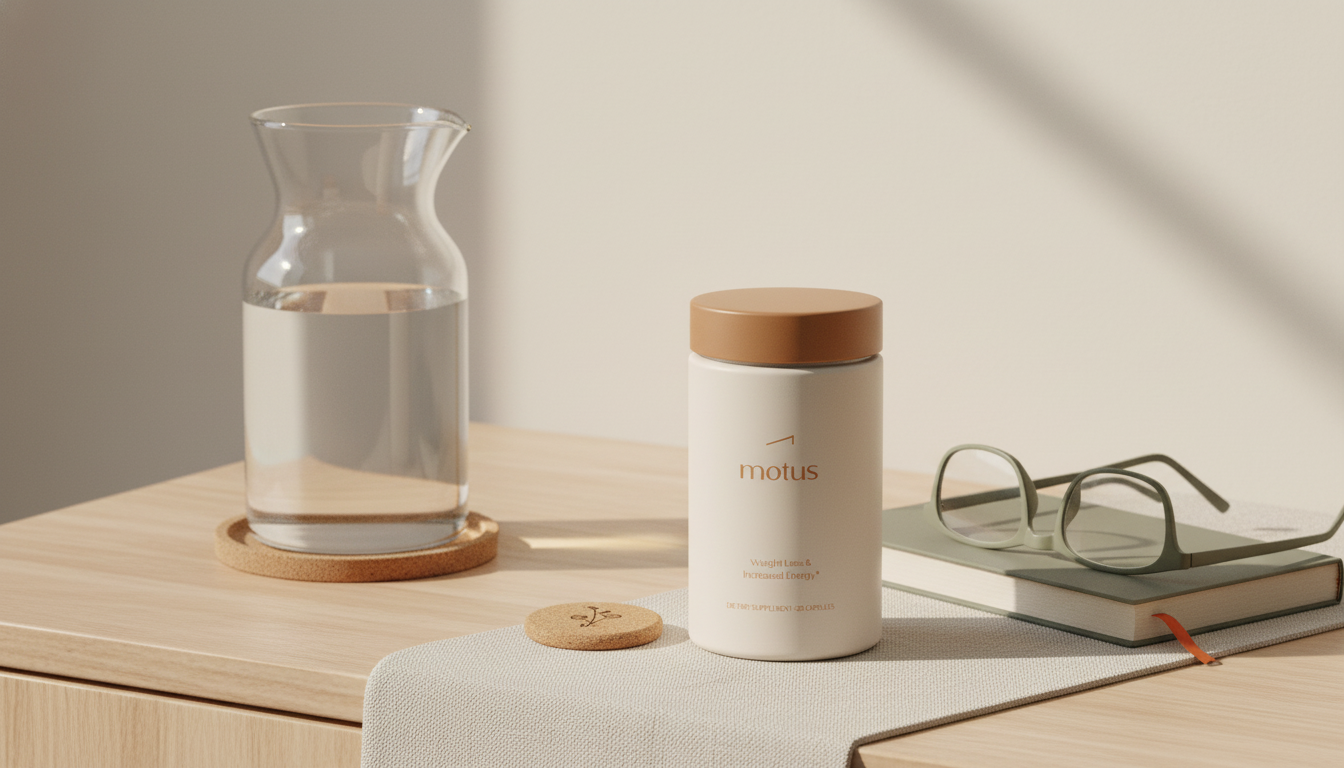 Minimalist bedside scene with Tonum Motus supplement jar beside a carafe, journal, and glasses—what qualifies you to be a health coach