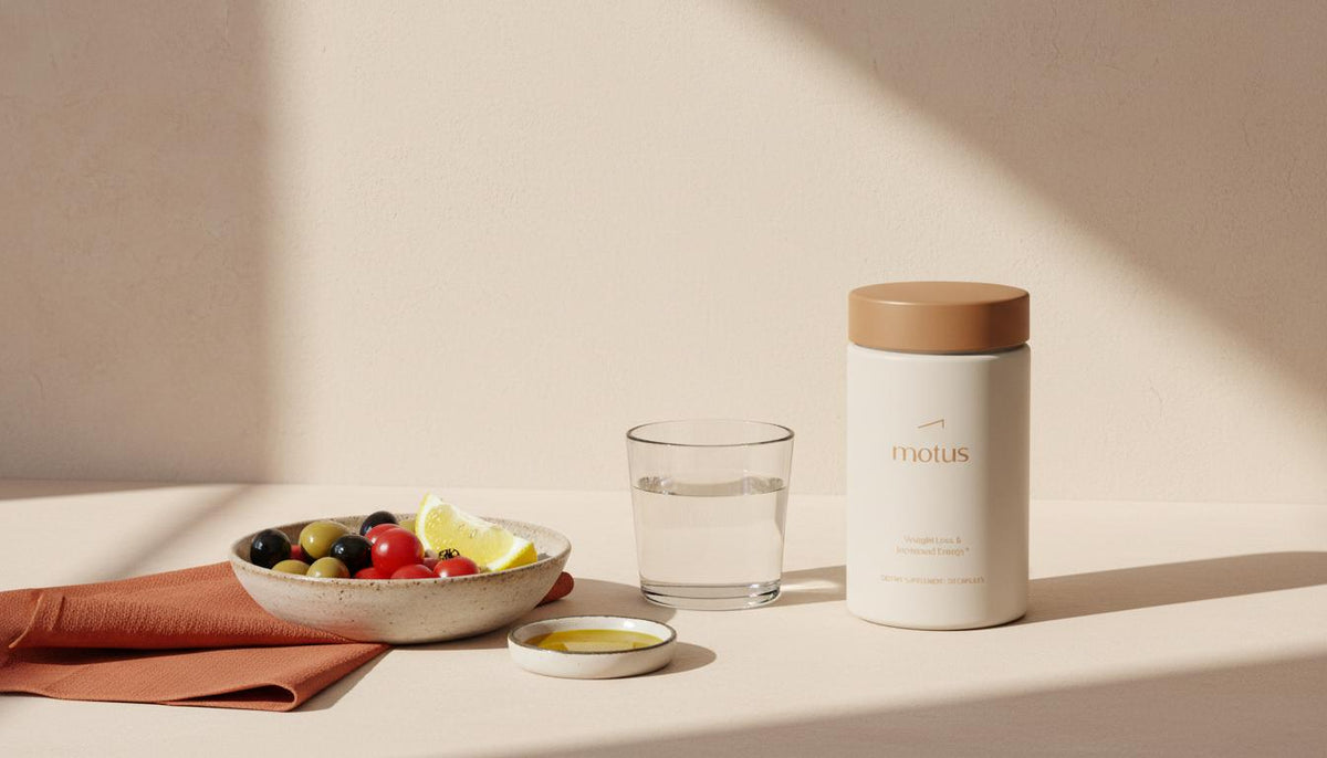 Minimal kitchen counter with Tonum Motus container beside Mediterranean ingredients (olives, cherry tomatoes, lemon, water), evoking liver-friendly diet and what removes fat from a fatty liver