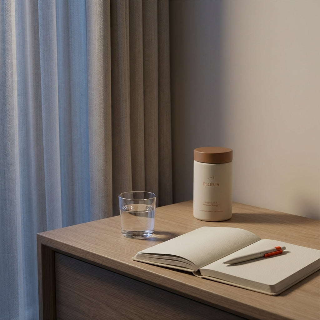 Minimalist dusk bedside scene with glass of water, open journal and subtle Motus jar in background, evoking a calm evening ritual — what removes sugar from blood in minutes