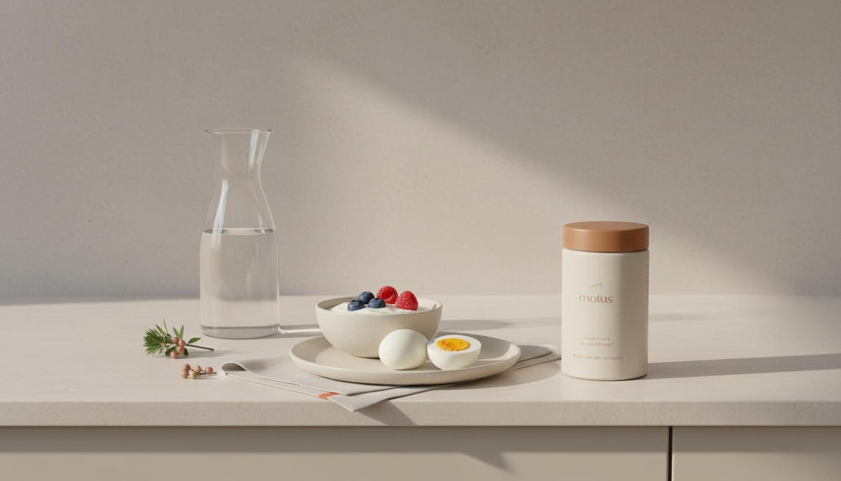 what should men eat to lose belly fat: minimalist breakfast scene with Motus supplement jar, Greek yogurt with berries, two boiled eggs and a carafe of water on a clean counter