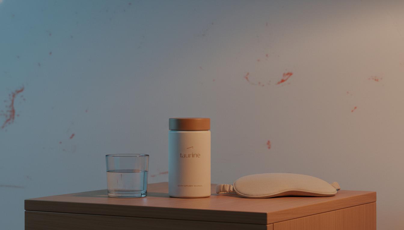 Minimalist bedside still-life with taurine supplement jar, glass of water and sleep mask on Tonum-toned background — what should you not mix with taurine