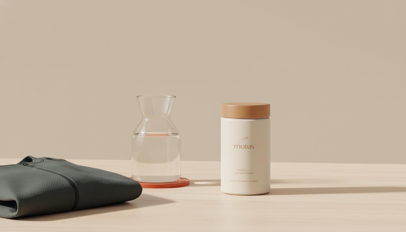 Minimalist still-life of Tonum Motus supplement container on a wooden surface with a glass carafe and folded running top on beige background — what supplement activates AMPK