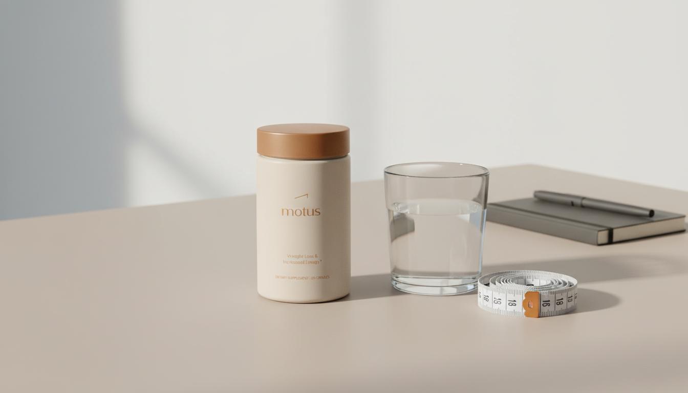 Minimalist tabletop photo of Tonum Motus container beside a glass of water and a rolled measuring tape, evoking metabolic health and research—what supplement helps with cortisol weight gain?