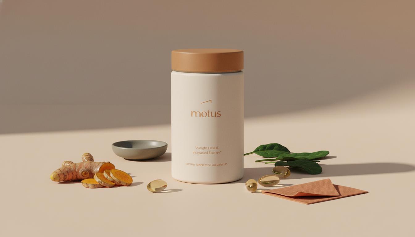 Minimalist still-life of Tonum Motus supplement bottle with turmeric pieces, magnesium-rich herbs and gel caps on beige background showing what supplement improves insulin sensitivity