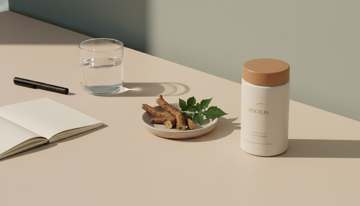 Minimalist tonum banner showing Motus supplement jar with berberine root and bitter melon leaves, notebook and water on a clean surface illustrating what supplement is best for lowering blood sugar
