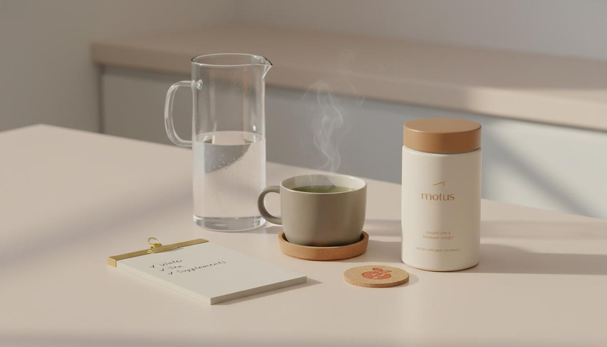 Minimalist kitchen morning scene with glass carafe, steaming green tea, Motus supplement jar and notepad — what to drink first thing in the morning to reduce belly fat