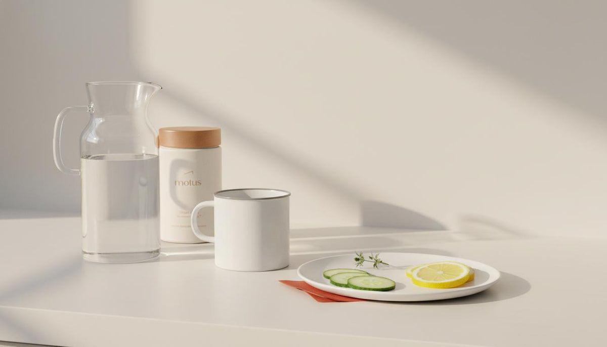 what to drink to lose belly fat in 1 week? Minimalist kitchen scene with Tonum Motus supplement jar, glass carafe of water, ceramic mug, and sliced cucumber and lemon under soft side light.