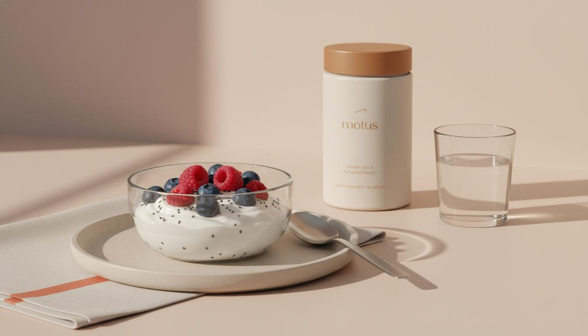 Minimalist kitchen counter with a Greek yogurt breakfast bowl topped with berries and chia beside a Motus supplement jar — what to eat to reduce sugar cravings