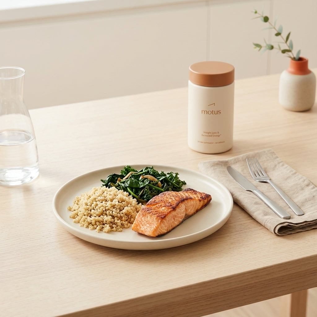 Minimalist kitchen scene with grilled salmon, quinoa, and sautéed greens on a wooden table and a small Tonum Motus container in the background — what to eat when craving carbohydrates