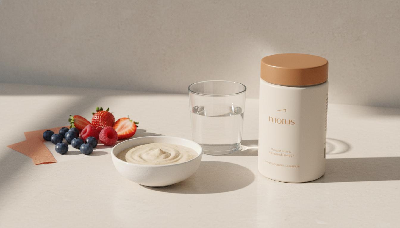 Minimal still life of Tonum Motus with bowl of viscous fiber powder, glass of water and berries on a neutral counter — what to take for gut health to lose weight