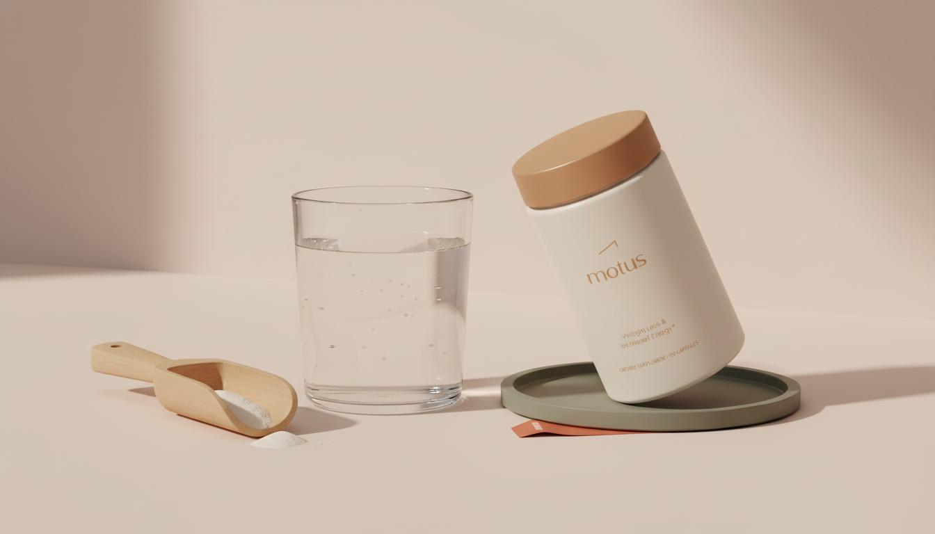Minimalist kitchen still-life with Tonum Motus container, measuring scoop and glass of water conveying simple nutrition and weight management — what type of whey protein is best for weight loss