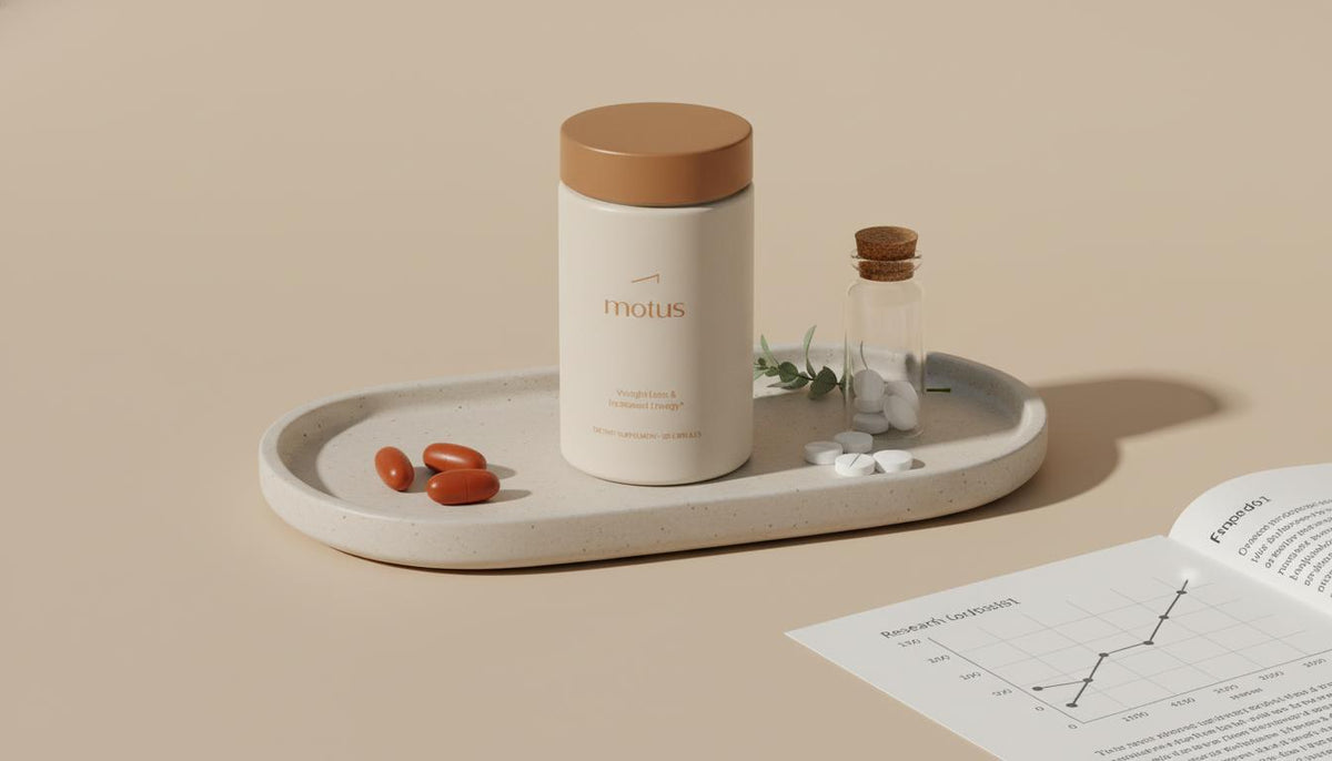 Minimalist still life of Tonum supplement jar on ceramic tray with capsules, lab vial and a research graph illustrating what vitamin brings blood sugar down