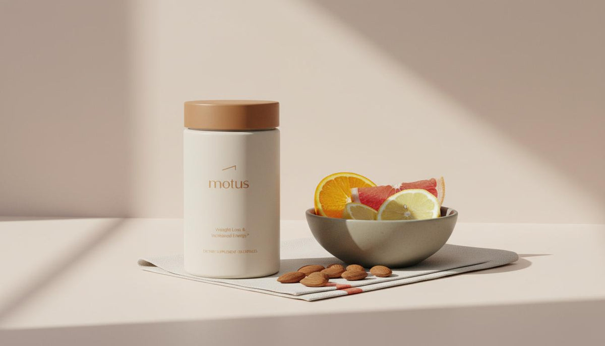 Minimalist kitchen still-life with Tonum Motus supplement container beside a bowl of citrus and raw almonds on a #F2E5D5 background — what vitamin helps cortisol belly