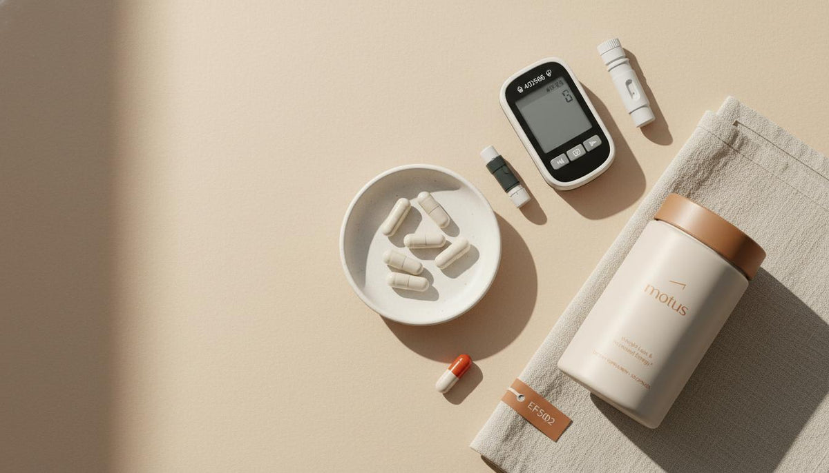 Flat-lay of Tonum supplement bottle, glucometer, and folded linen on beige background in a minimalist clinical-meets-lifestyle layout — what vitamin helps lower blood sugar