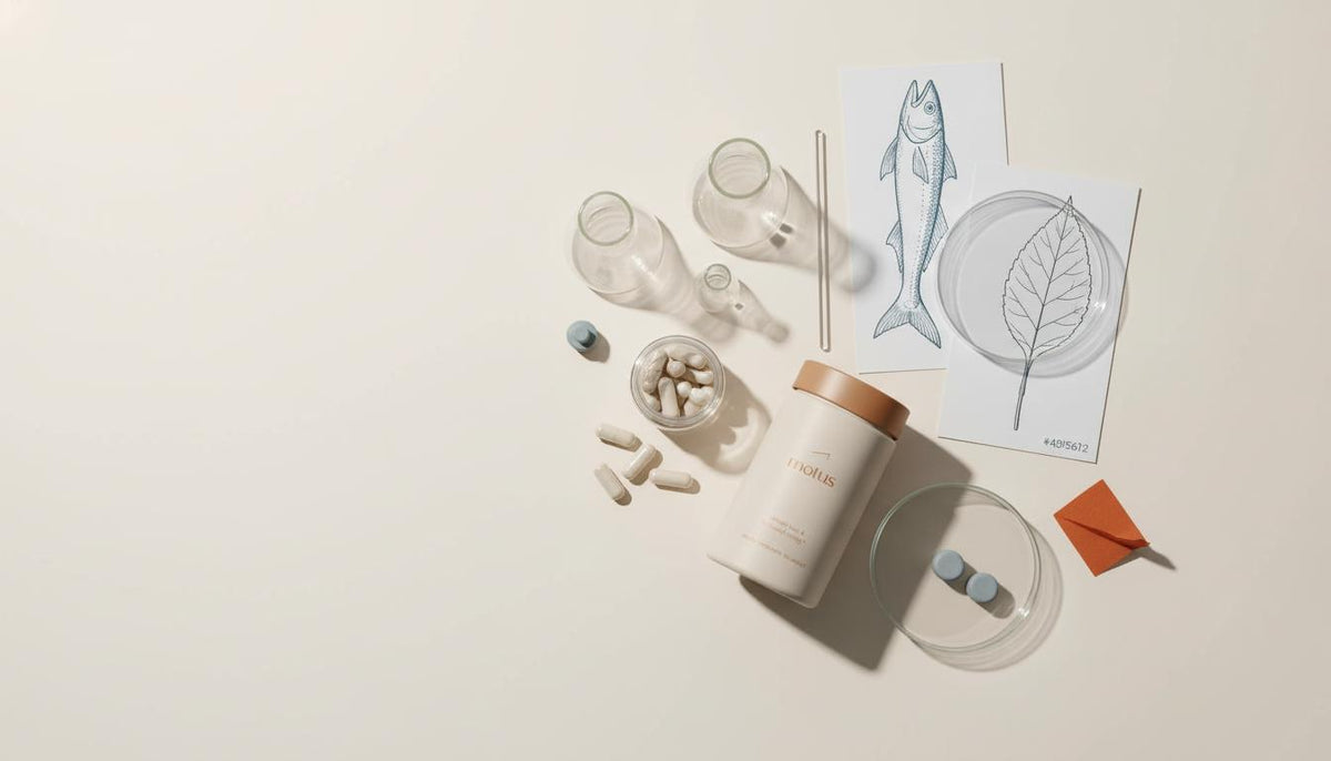 Minimalist Tonum flat-lay with lab beakers, open capsule jar, fish oil and folate illustrations on a soft beige background — what vitamin is like an antidepressant?