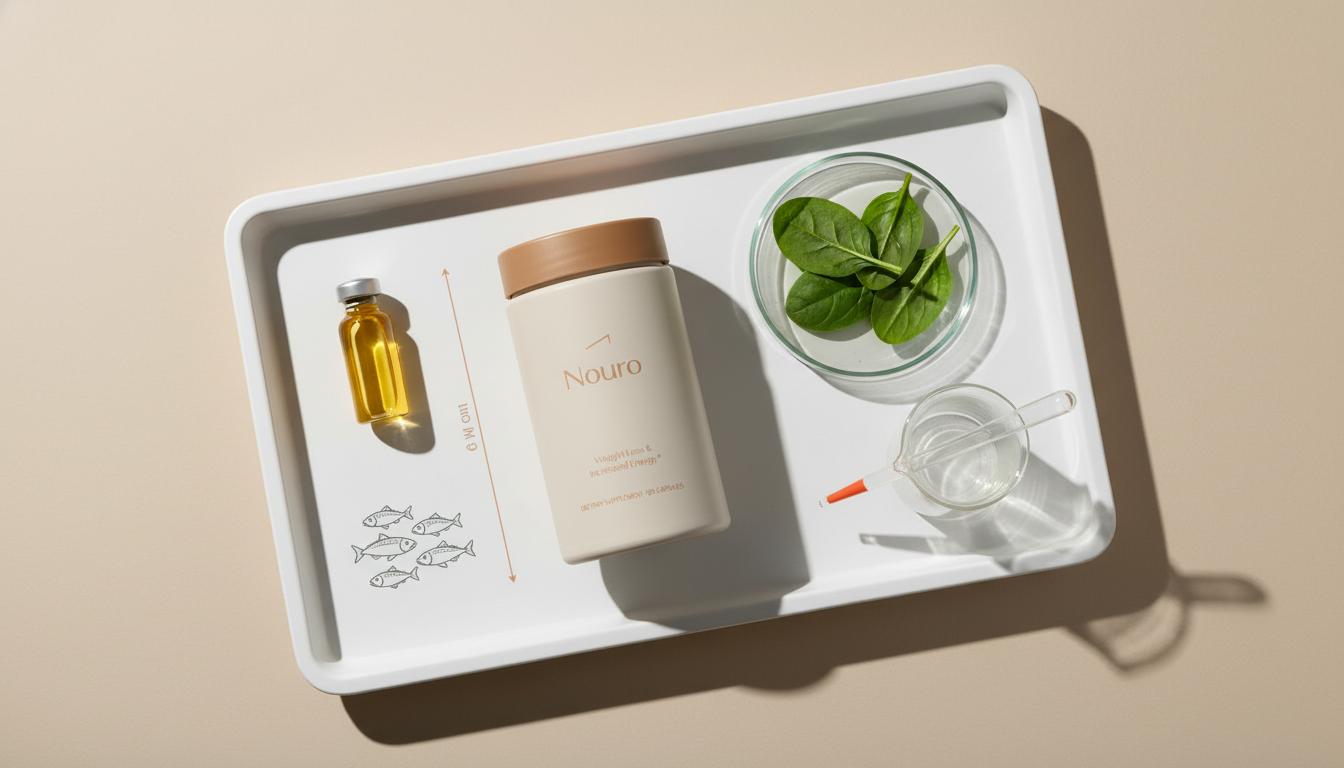 Minimalist still life of a Tonum supplement jar labeled Nouro on a lab tray with an omega-3 vial, petri dish of spinach, illustrated fatty fish and pipette — what vitamin is neuroprotective