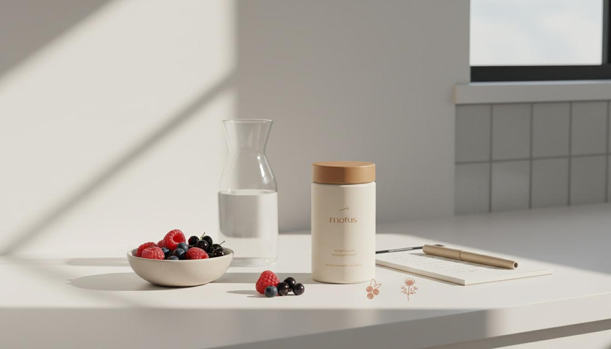Minimalist kitchen scene with Tonum Motus supplement jar beside bowl of berries and water, suggesting what vitamin will suppress my appetite