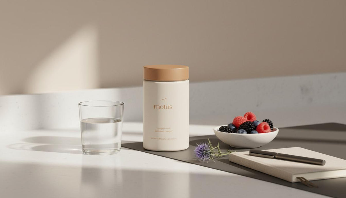 Minimalist kitchen scene with Tonum Motus supplement jar beside a glass of water, bowl of berries and notebook, evoking a healthy morning routine — what weight loss drug has the highest success rate?