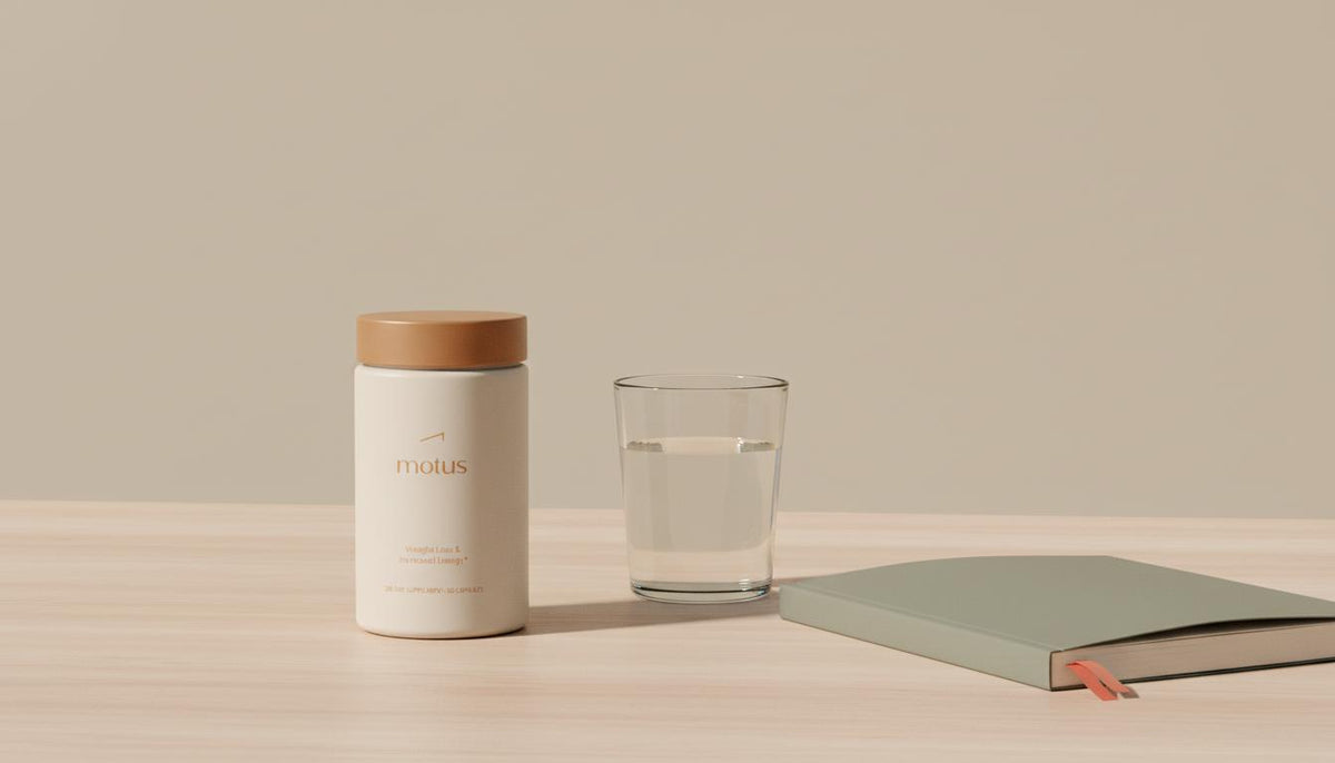Minimalist still-life of Tonum Motus supplement jar on light wood table with lab notebook and glass of water on a #F2E5D5 beige background, suggesting evidence-based routine — What weight loss medication does not require a prescription?