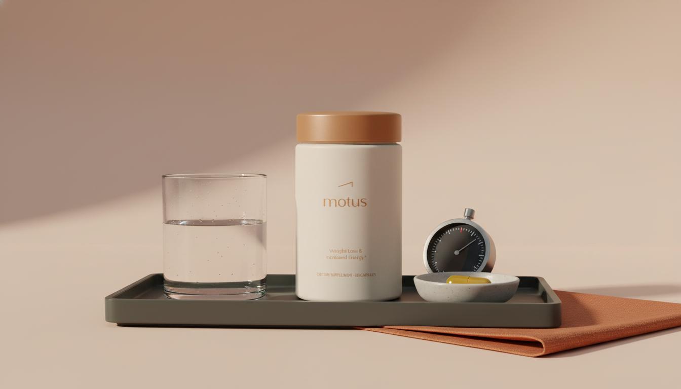 Minimalist photo of Tonum supplement bottle with water, capsule dish and timer on #F2E5D5 background, suggesting routine and timing for when to take berberine