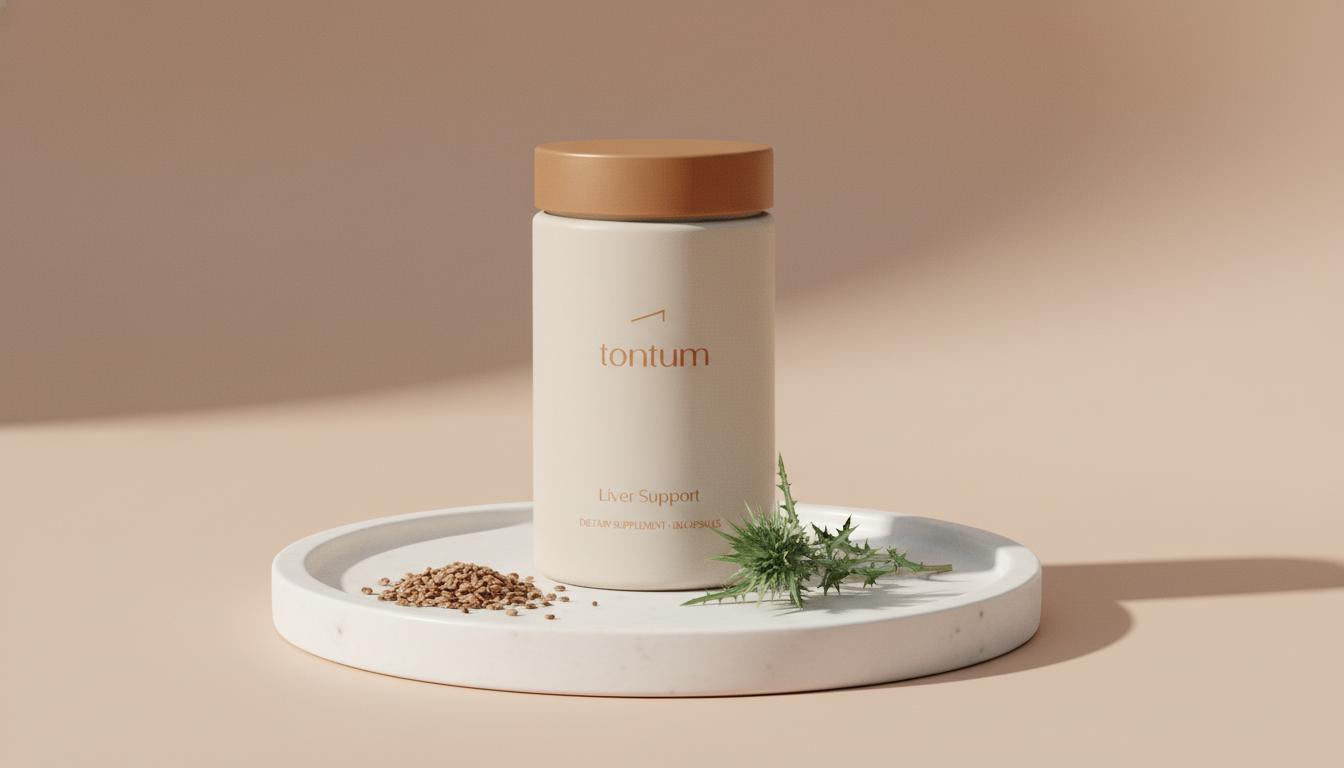Minimalist full-frame photo of Tonum supplement bottle labeled 'Liver Support' on a ceramic tray with milk thistle seeds and a sprig, beige background, when to take nature craft liver support