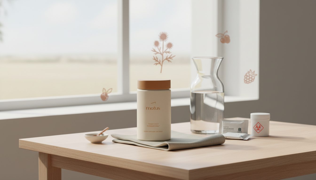 Minimalist Tonum Motus supplement jar on a wooden table with a compact medical kit, illustrating where to inject vitamin B12 for weight loss in a calm clinical-lifestyle scene