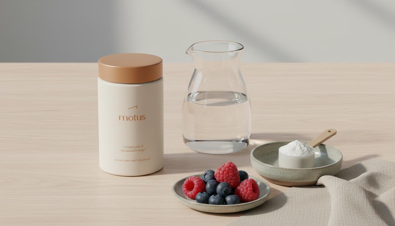 Minimalist still-life of Tonum Motus supplement jar with a scoop of whey powder, berries and a carafe of water on a wooden table illustrating whey protein dosage for weight loss