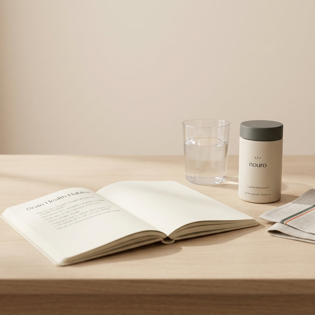 Minimal desktop scene with Tonum Nouro bottle, journal and glass of water suggesting brain health habits; Which big 5 trait is associated with Alzheimer's disease?