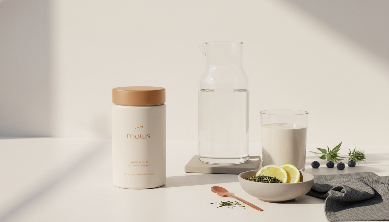 Tonum Motus supplement jar beside a glass carafe, clear protein shake, and a small bowl with green tea leaves and lemon slices — which drink burns belly fat