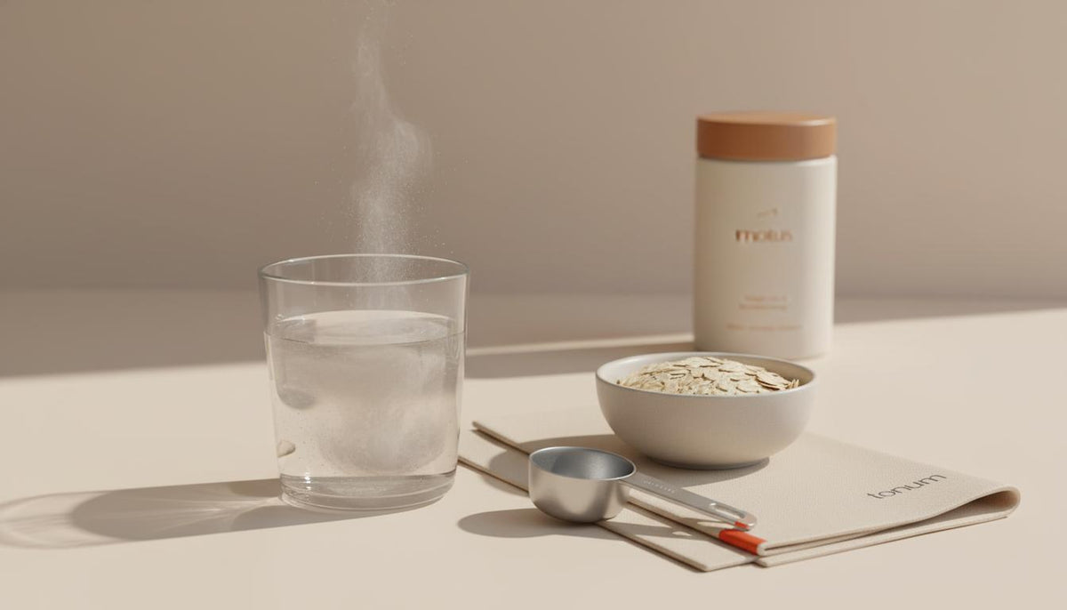 Minimalist kitchen counter with glass of water stirred with a measured viscous fiber powder, bowl of oats and a Tonum Motus container softly out of focus — which fiber suppresses appetite
