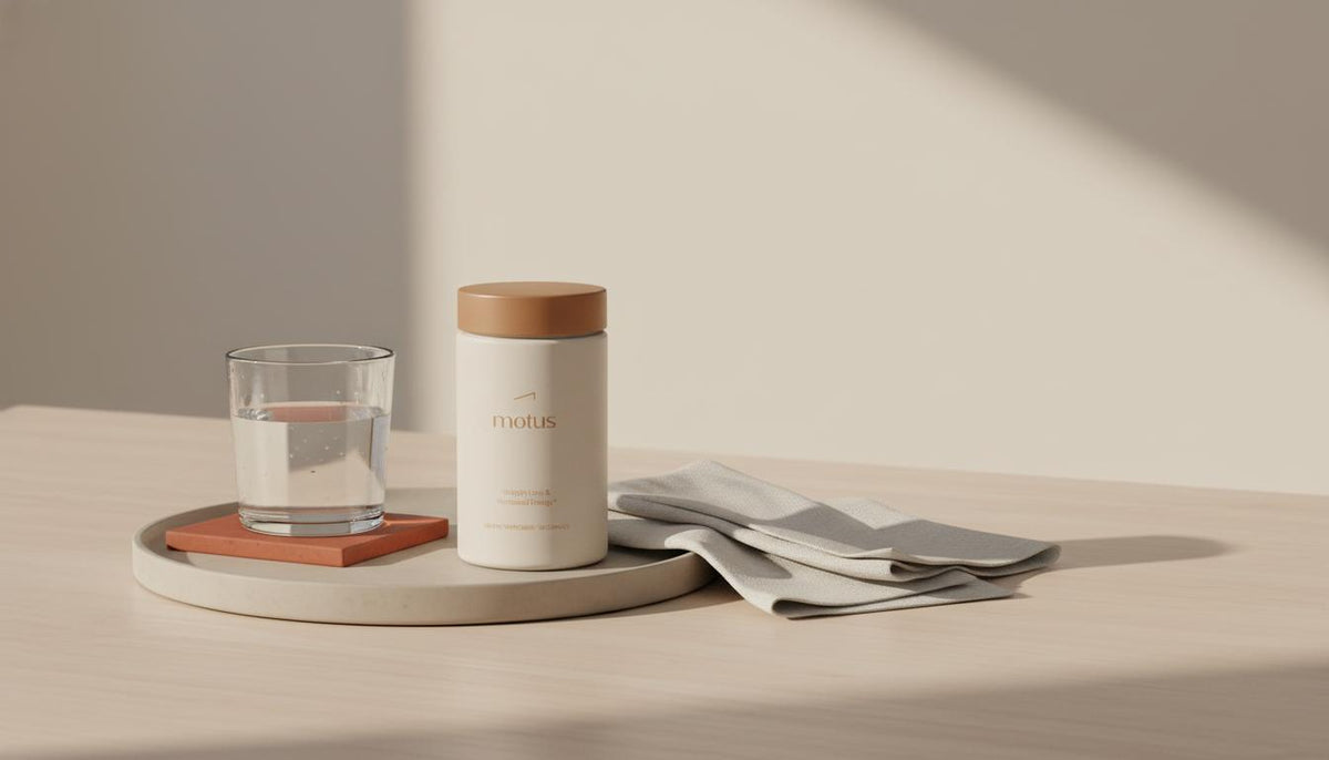 Minimalist Tonum Motus bottle on a wooden tray with glass of water and napkin in Tonum brand colors, calm morning routine scene — Which is safer Ozempic or Rybelsus