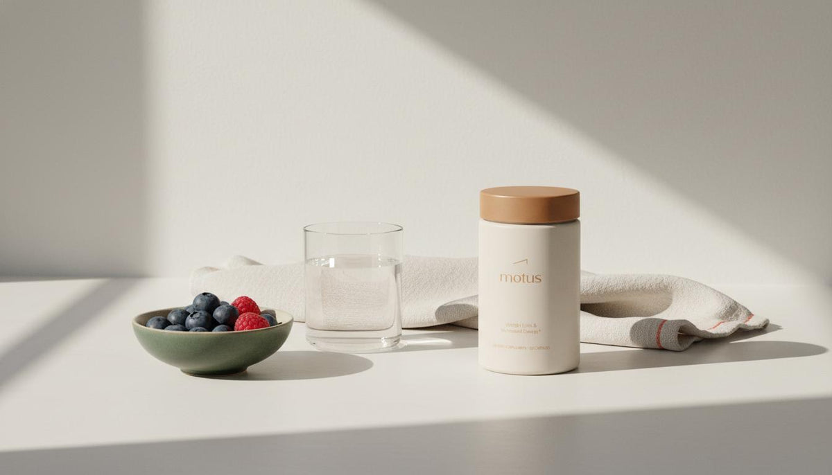 Which Lactobacillus is best for weight loss? Tonum Motus supplement jar on a minimalist kitchen counter with berries, a glass of water and a folded towel in soft natural light.