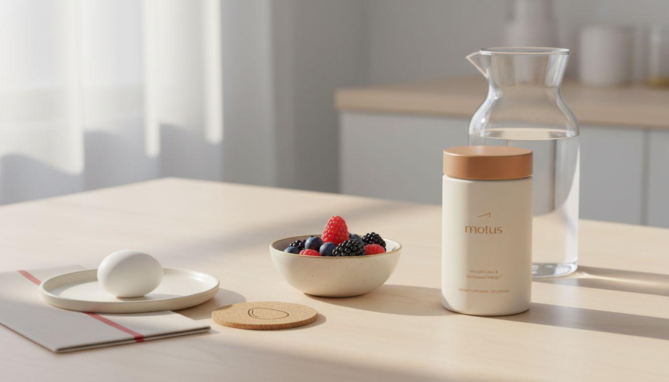 Minimalist sunrise breakfast table with Tonum Motus supplement jar, glass carafe of water, bowl of berries and an egg on a neutral background — Which meal is best to skip for weight loss?