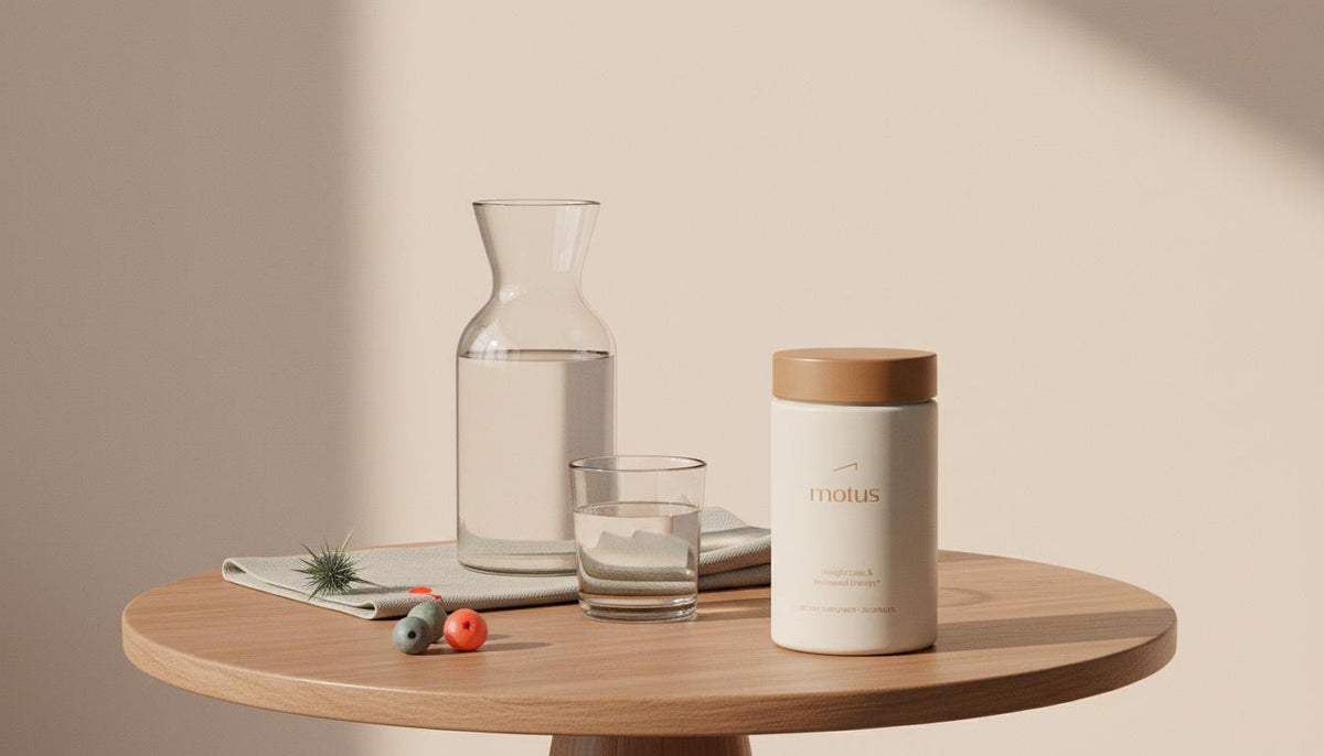 Minimal lifestyle scene with Tonum supplement jar 'Motus' on a wooden table with berries and milk thistle, answering Which medicine is best for metabolism