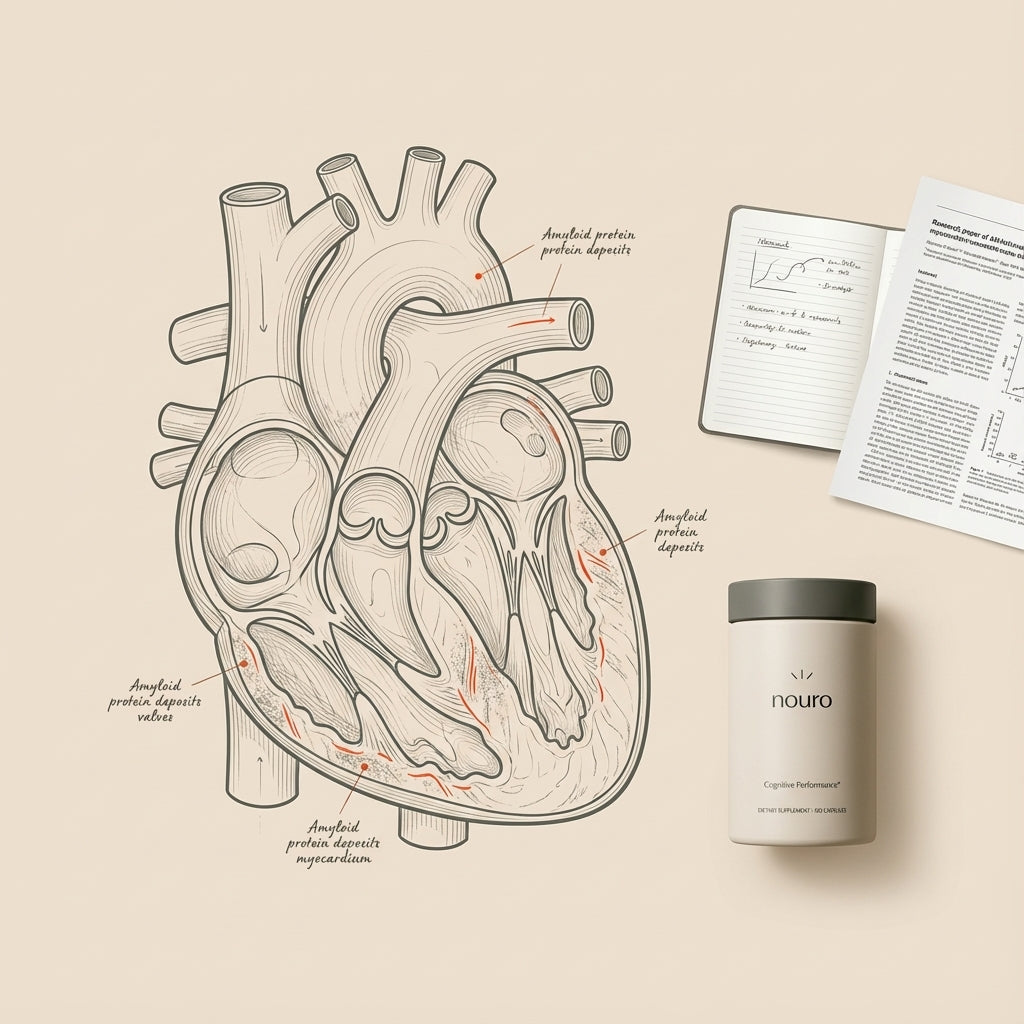 Minimalist heart cross-section showing amyloid protein deposits with research notes and Tonum product— which organ is most affected by amyloidosis