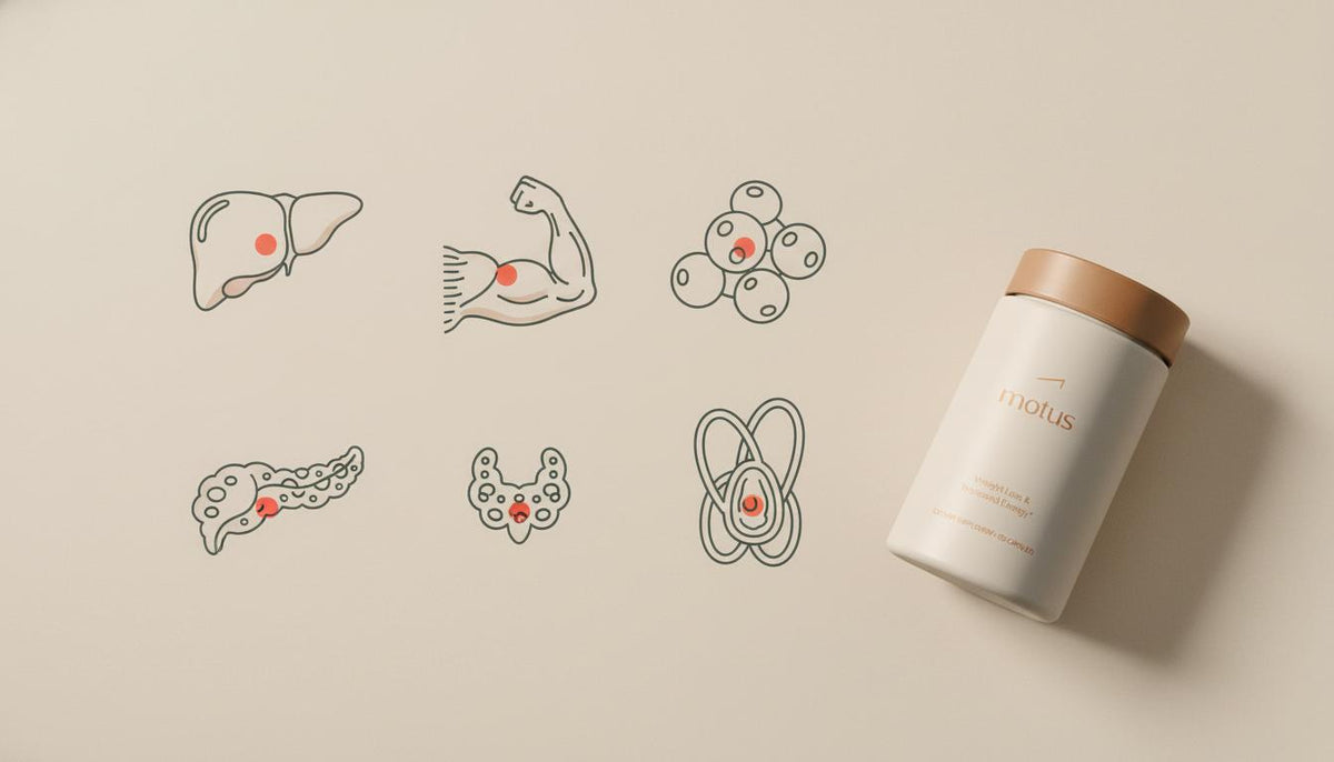 Flat-lay scientific icons of liver, muscle, adipose, pancreas, thyroid and mitochondrion around a Tonum Motus container on beige background illustrating which organs are responsible for metabolism