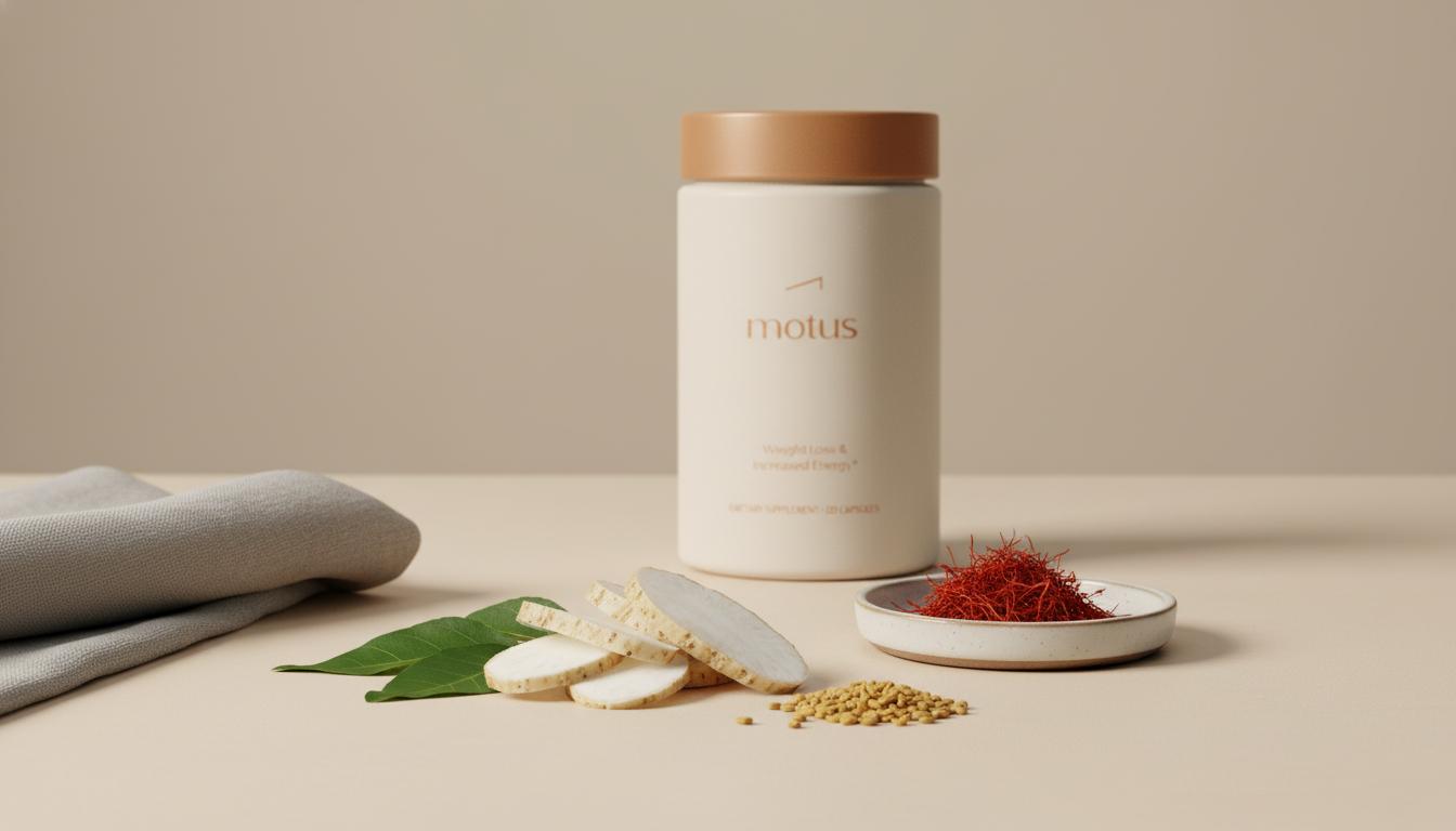 Minimalist still-life of konjac slices, saffron threads, fenugreek seeds and gymnema leaves with a discreet Tonum Motus bottle in the background — which plant suppresses appetite?