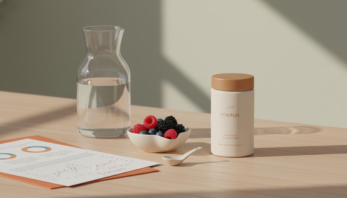 Motus supplement jar on a wooden counter with a bowl of berries, glass carafe and folded research paper in a minimalist health scene — which supplement is best for fast fat loss