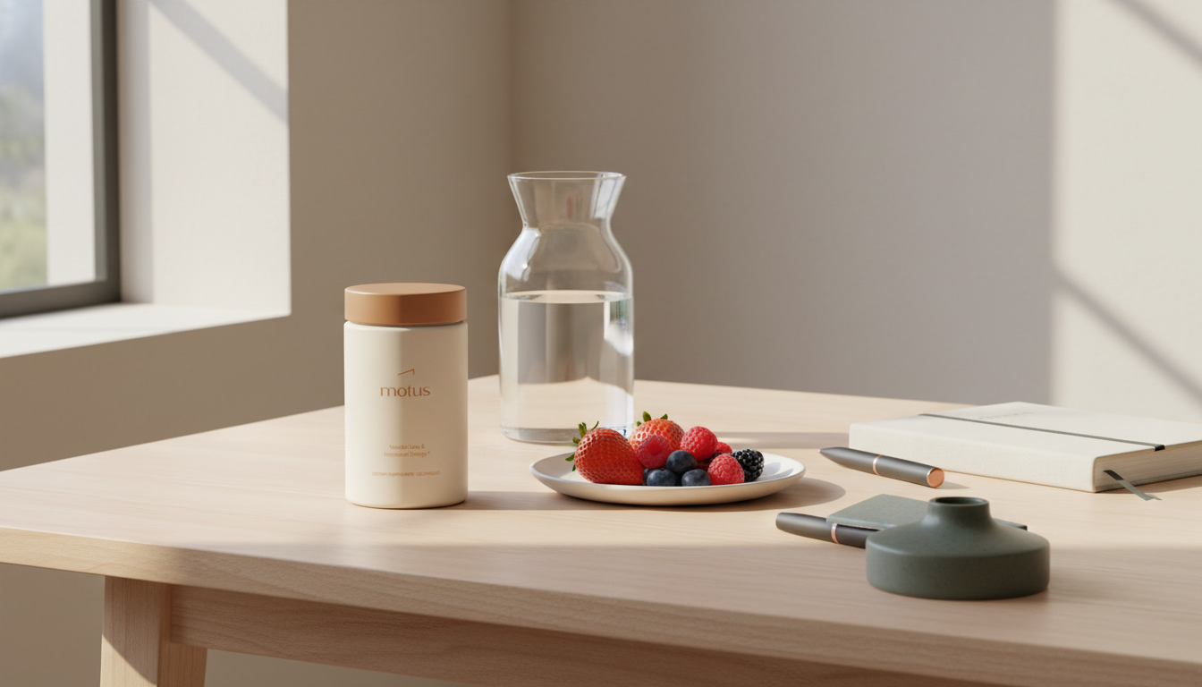 Minimalist wooden table with Tonum Motus supplement jar beside a water carafe, plate of berries and a journal — Which supplements should I use for fat loss?