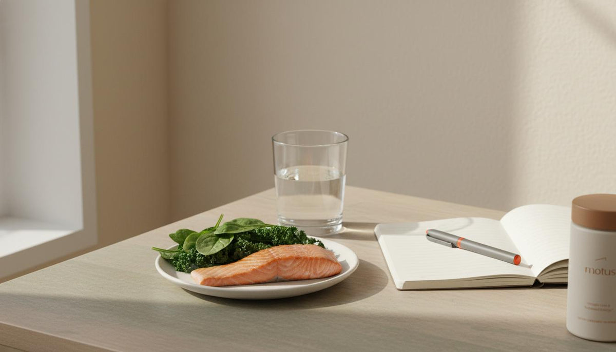Minimalist table with salmon, leafy greens, a glass of water and open notebook, Tonum supplement container edge visible, illustrating nutrition for which vitamin boosts dopamine