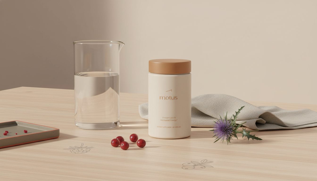 Minimalist still-life of Tonum product 'Motus' on a wooden table with berries, a milk thistle sprig and a glass carafe, soft left light and background #F2E5D5. Who owns Metabolic Meals