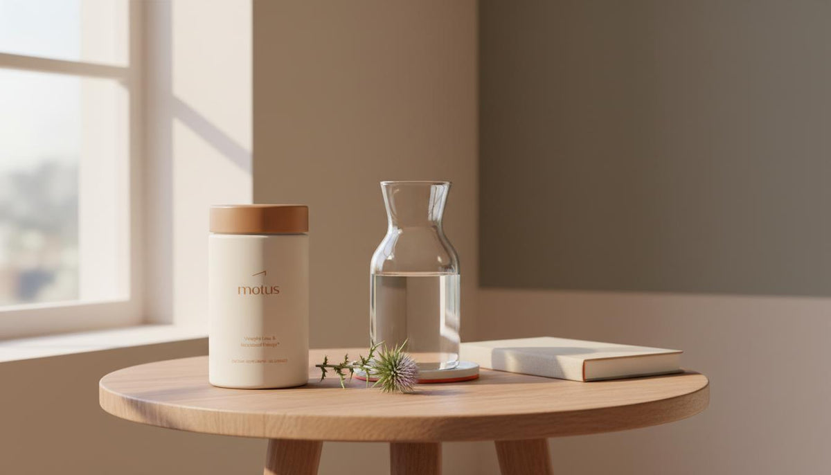 Minimalist morning scene with Tonum Motus supplement jar beside a glass carafe, closed journal, and milk thistle sprig on a wooden table — who should avoid chromium