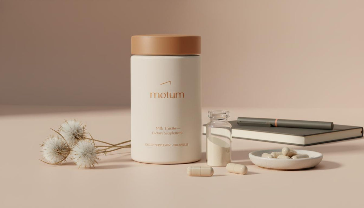 Minimalist still-life of dried milk thistle seed heads, Tonum supplement bottle labeled ‘Milk Thistle’, glass vial and capsules on a #F2E5D5 background — Who should not take milk thistle?